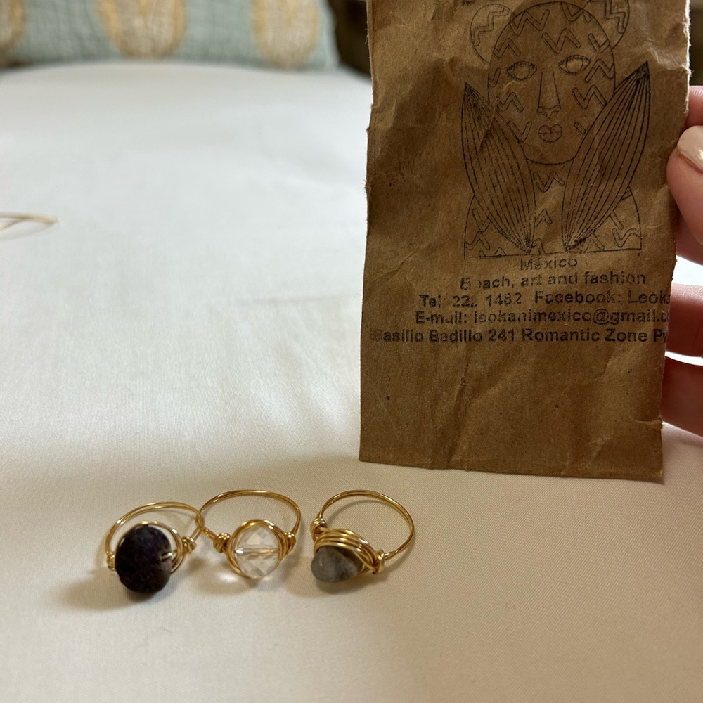 Gold Wire Wrapped Stone Rings and Necklace Set Hand Crafted Jewelry